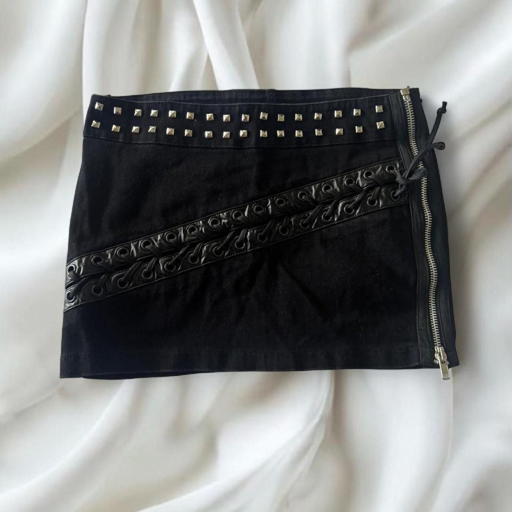 Y2K vintage TRIPP NYC black corset lace up and grommet belt mini skirt